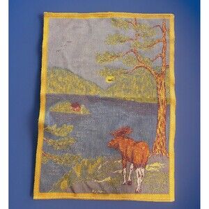 RARE Vgt Ekelund Sweden Master Weavers  Tea Towel Moose Lake Cabin Print 19x26”